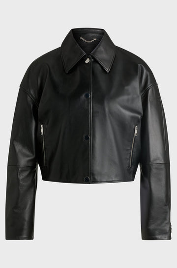 Women's Black Covered Press Studs Kent Collar Leather Jacket