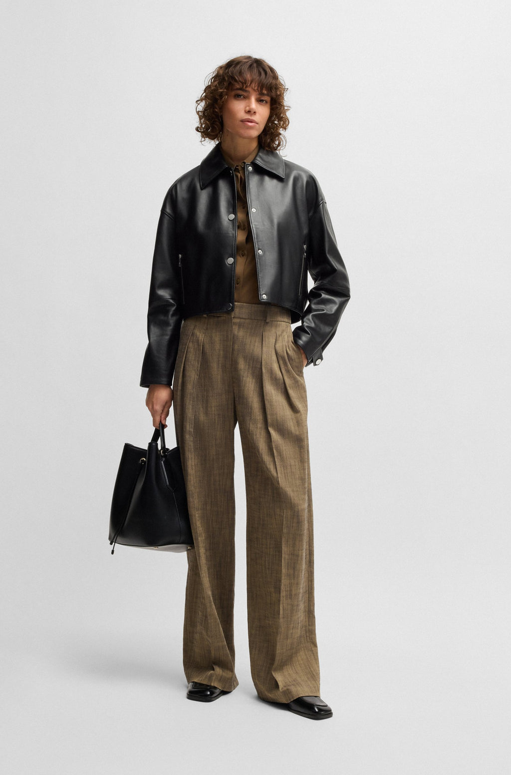 Women's Black Covered Press Studs Kent Collar Leather Jacket