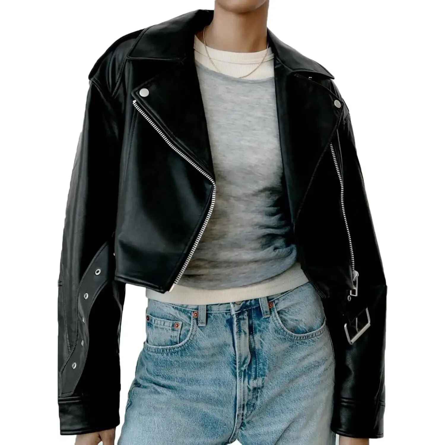 Women's Black Cropped Belted Hem Oversized Leather Jacket