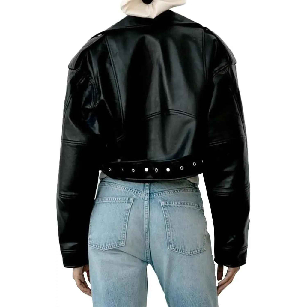 Women's Black Cropped Belted Hem Oversized Leather Jacket