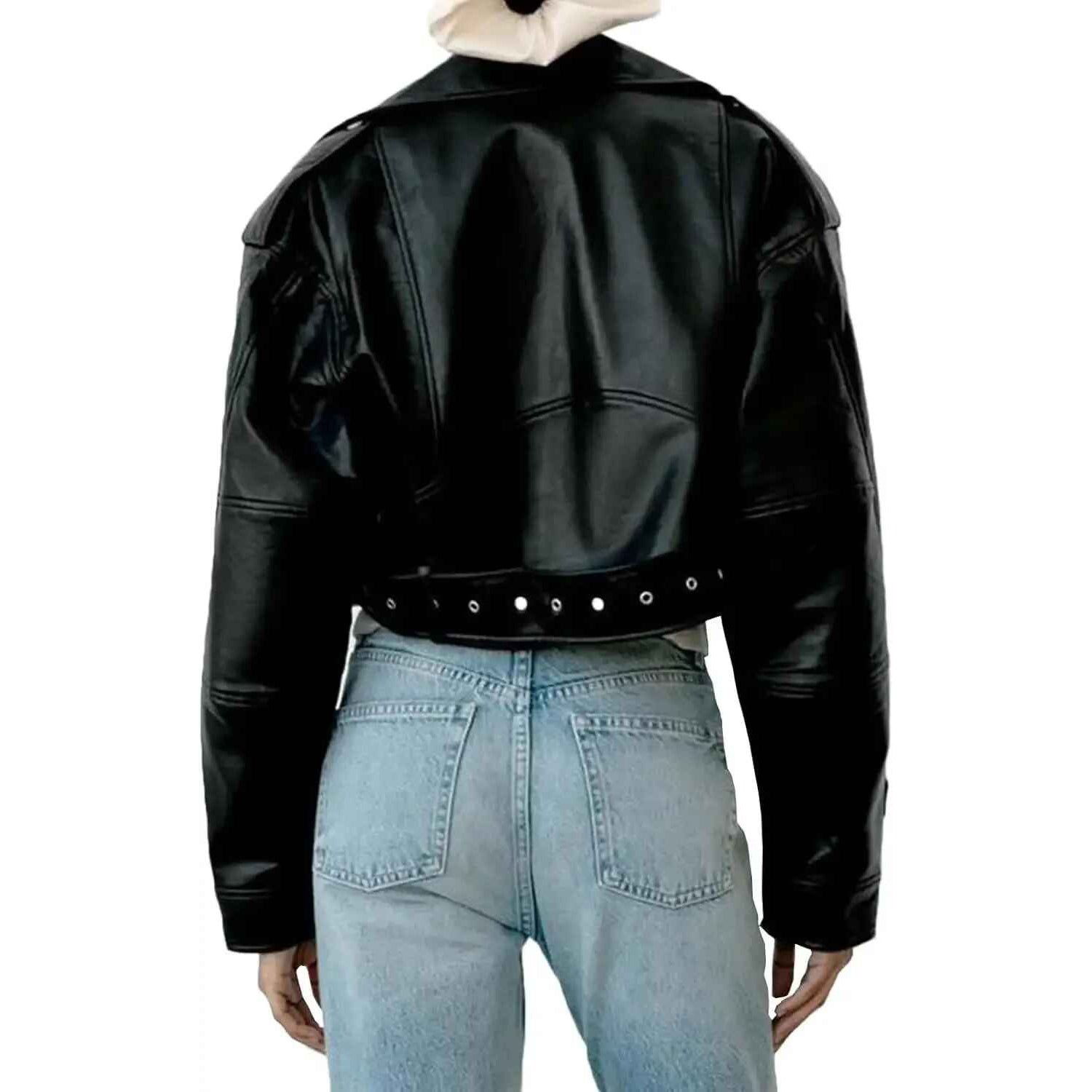 Women's Black Cropped Belted Hem Oversized Leather Jacket