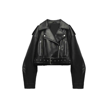 Women's Black Cropped Belted Hem Oversized Leather Jacket