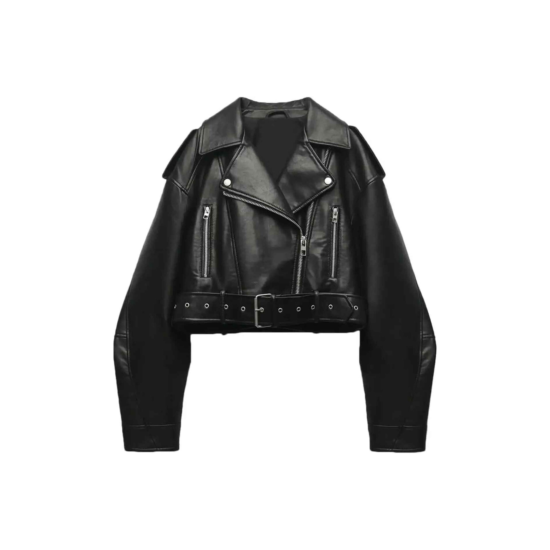 Women's Black Cropped Belted Hem Oversized Leather Jacket