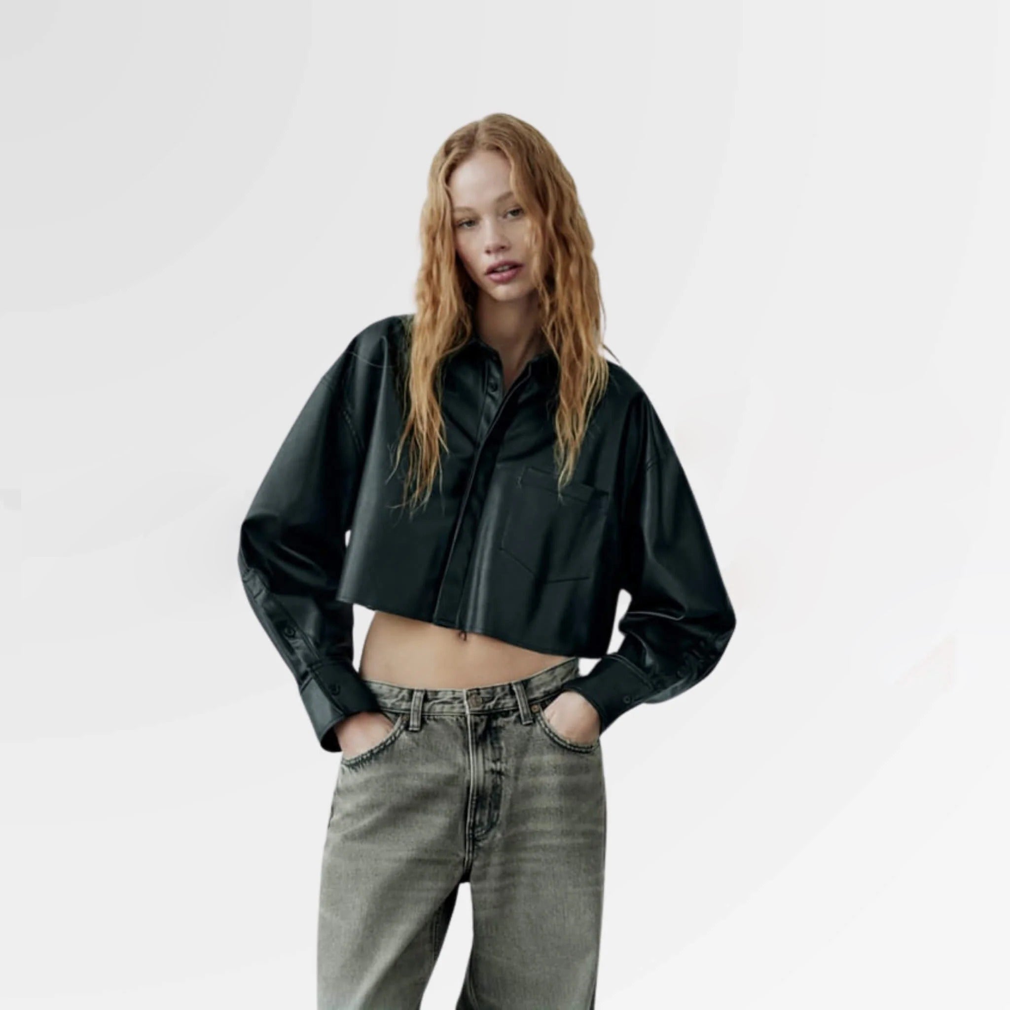 Women's Black Cropped Leather Shirt