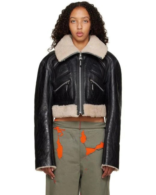 Schwarze, kurze Lammfell-Lederjacke für Damen