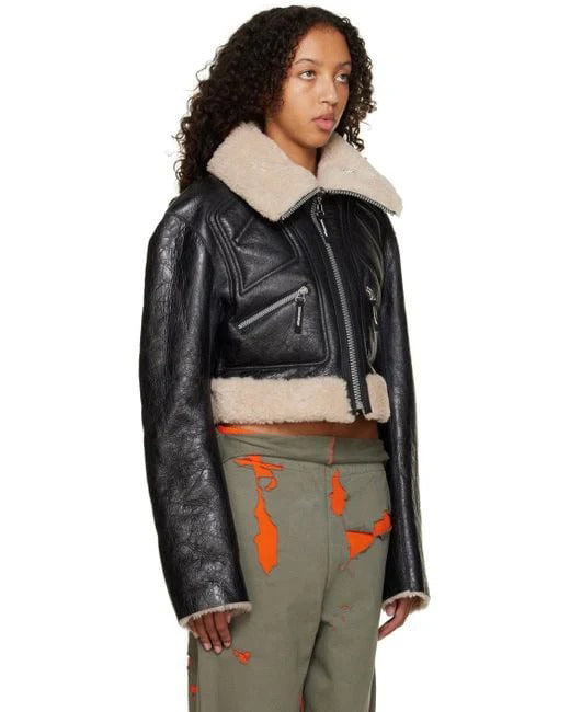 Women's Black Cropped Shearling Leather Jacket