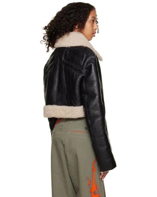 Women's Black Cropped Shearling Leather Jacket