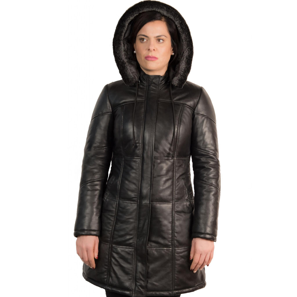 Women's Black Detachable Hood Leather Coat