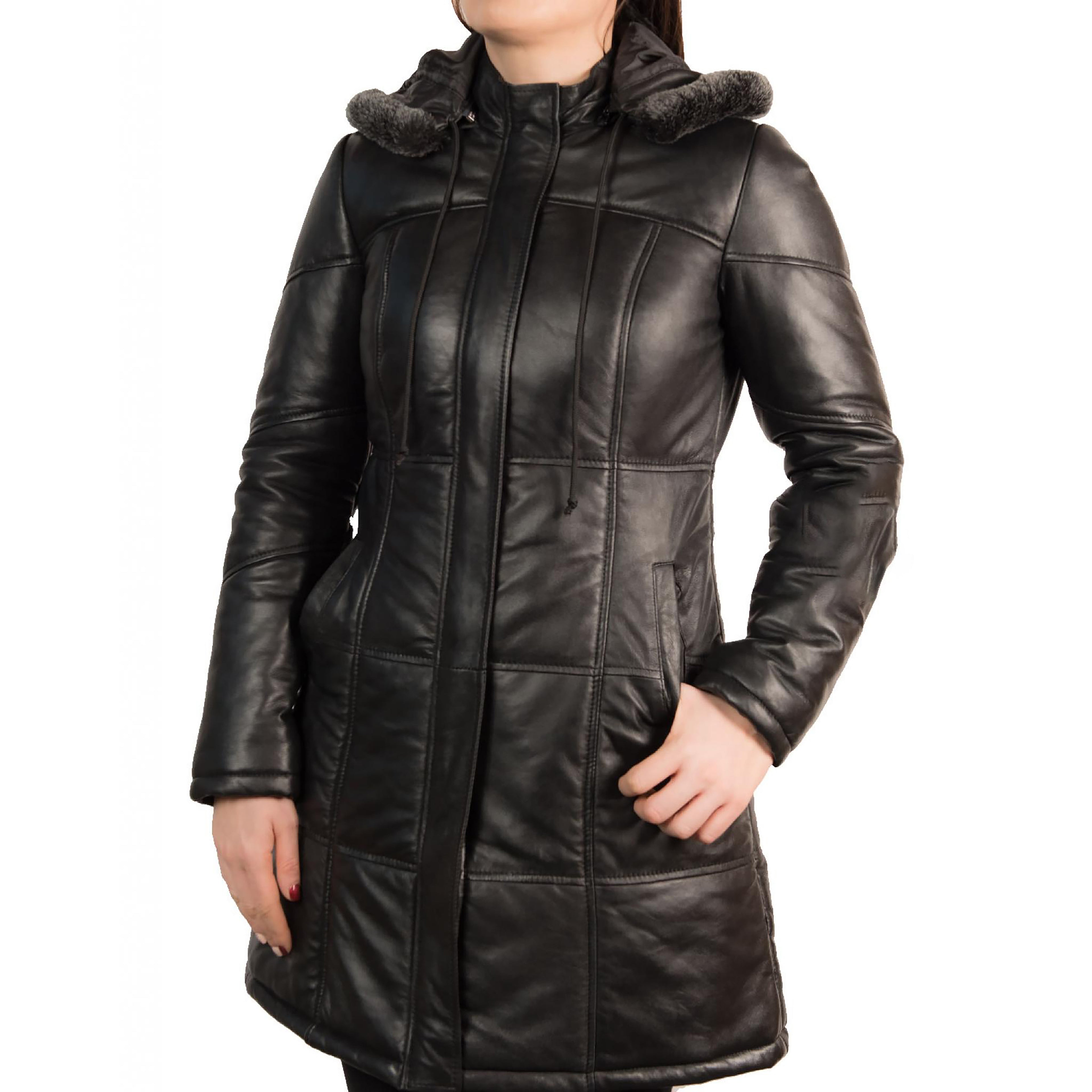 Women's Black Detachable Hood Leather Coat