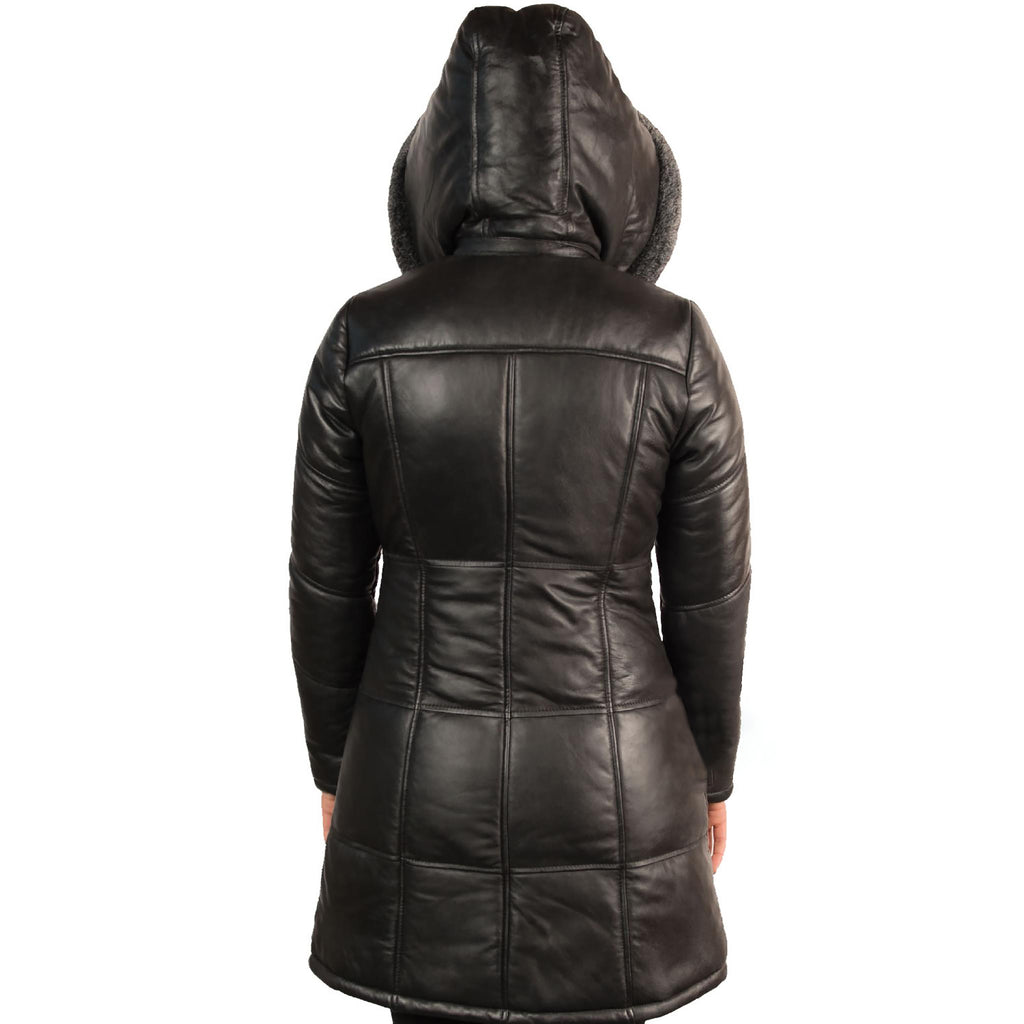 Women's Black Detachable Hood Leather Coat