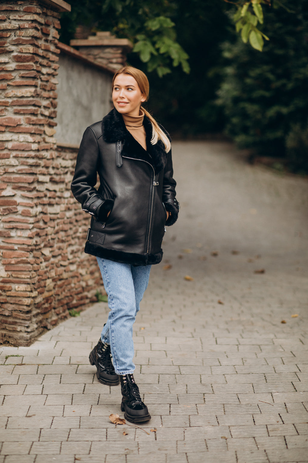 Women’s Black Double Zipper Shearling Leather Jacket