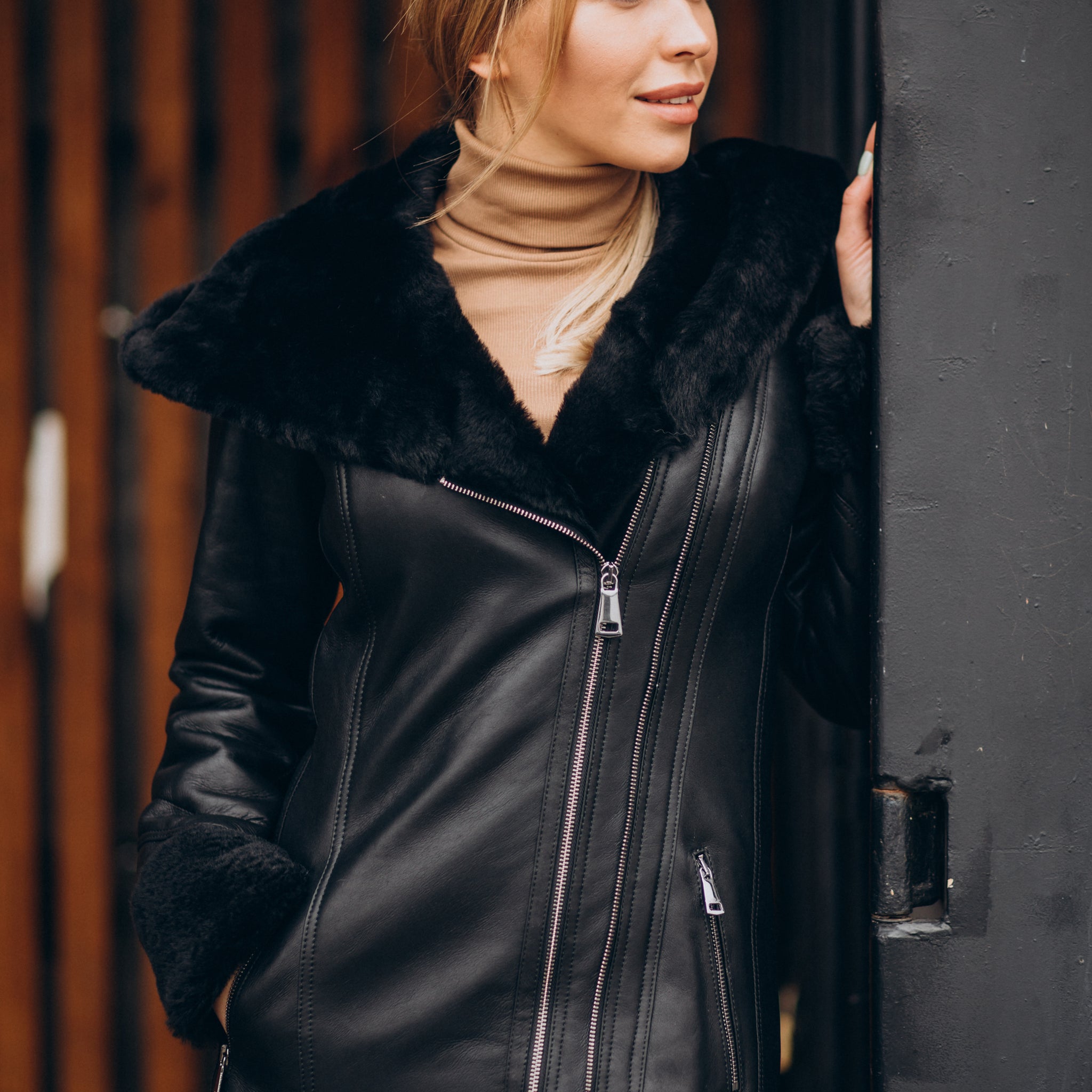 Women’s Black Double Zipper Shearling Leather Jacket
