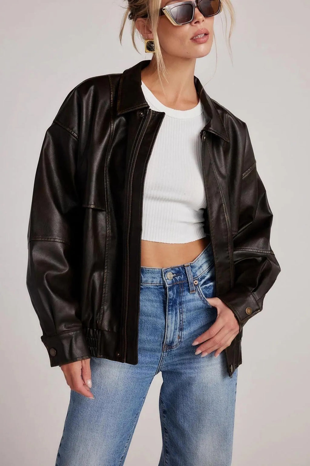 Women's Black Dropped Shoulders Oversized Soft Leather Jacket
