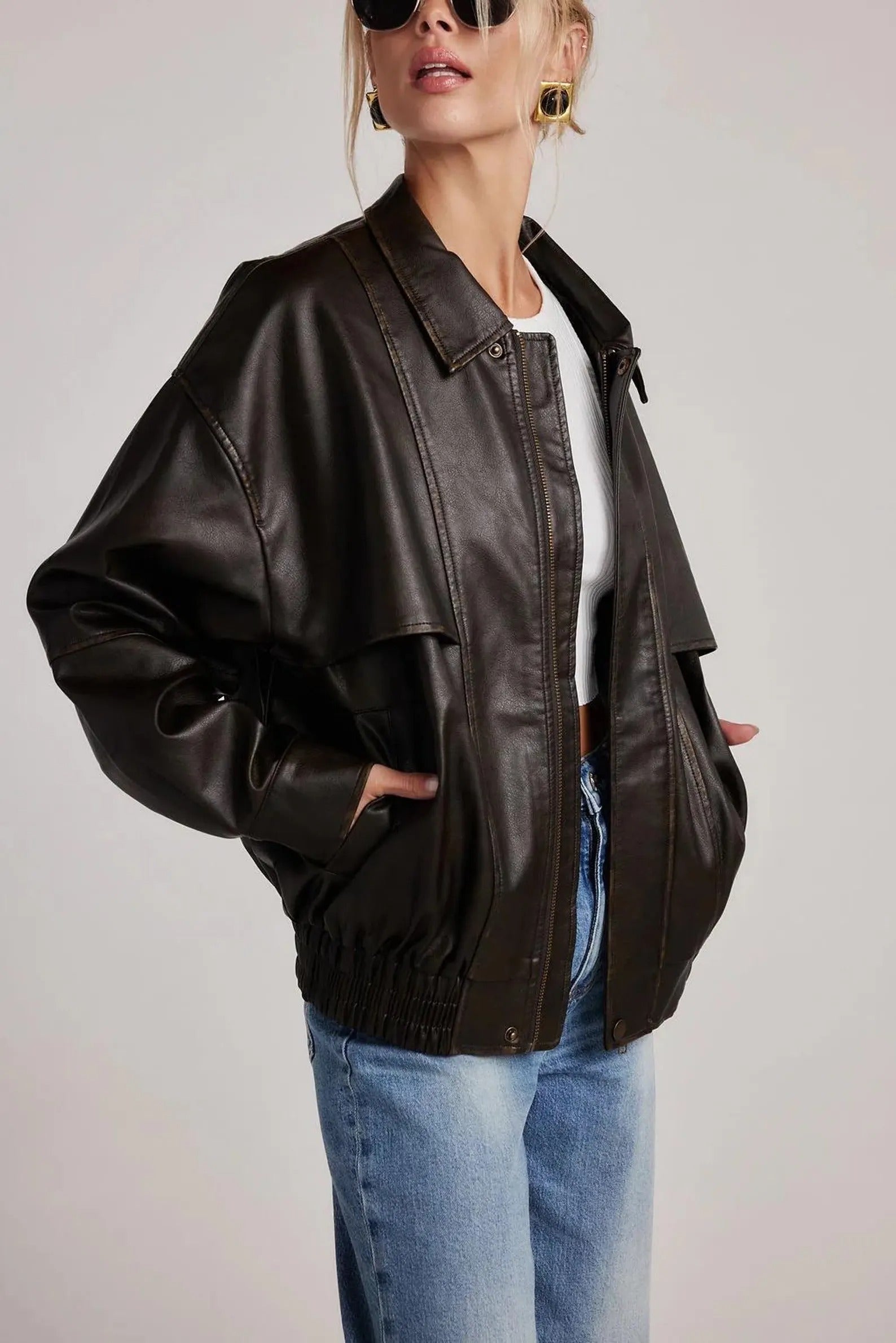 Women's Black Dropped Shoulders Oversized Soft Leather Jacket