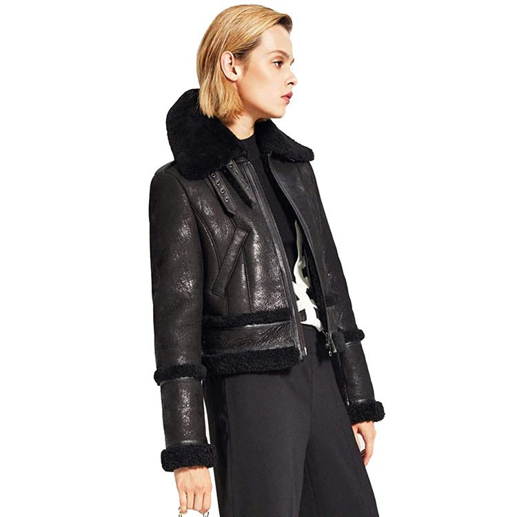 Women's Black Durable Moto Shearling Jacket Black