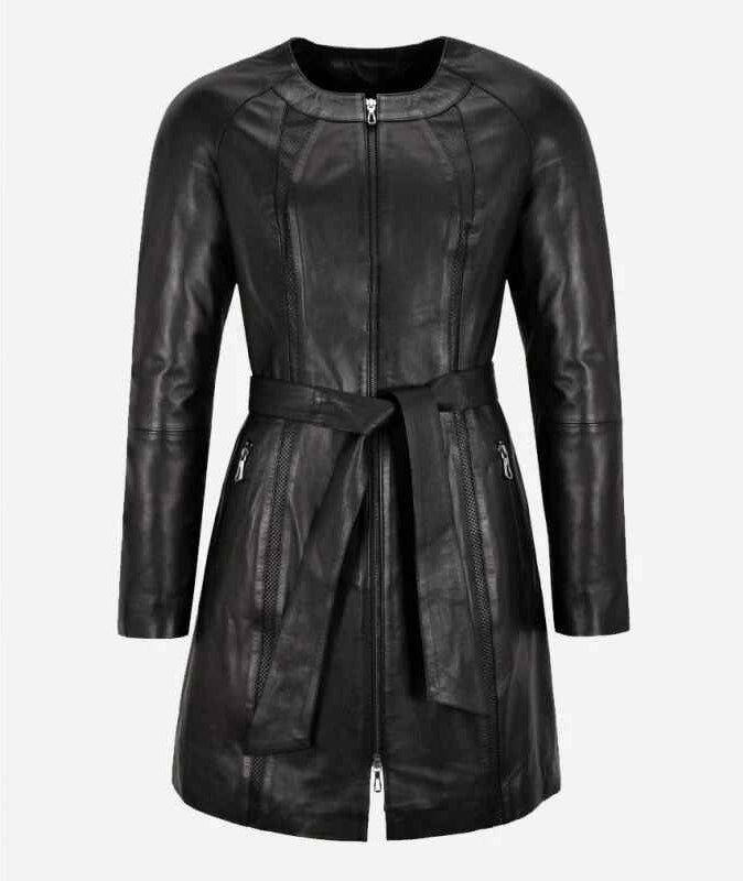 Women's Black ENVY Knee Length Leather Trench Coat