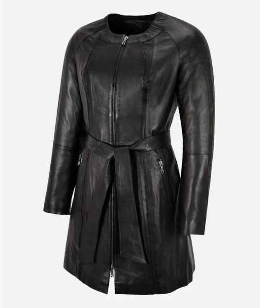Women's Black ENVY Knee Length Leather Trench Coat