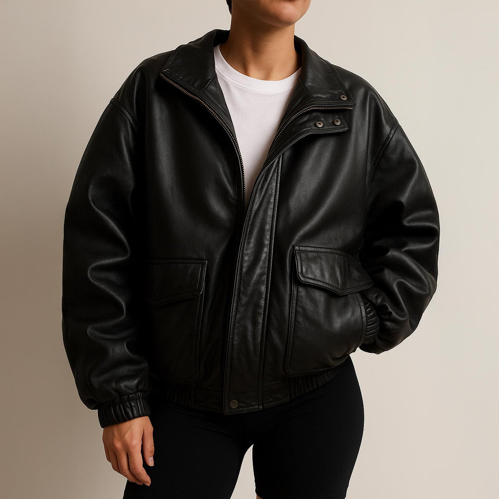 Women's Black Elasticated Cuffs And Hems Oversized Pure Leather Jacket Women