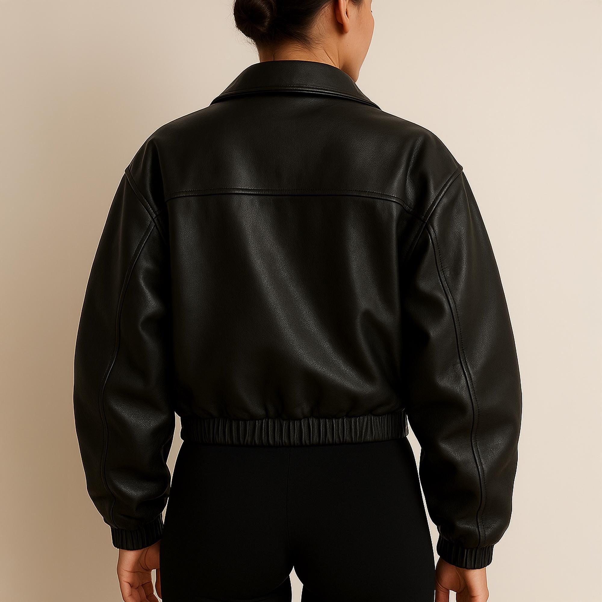 Women's Black Elasticated Cuffs And Hems Oversized Pure Leather Jacket Women