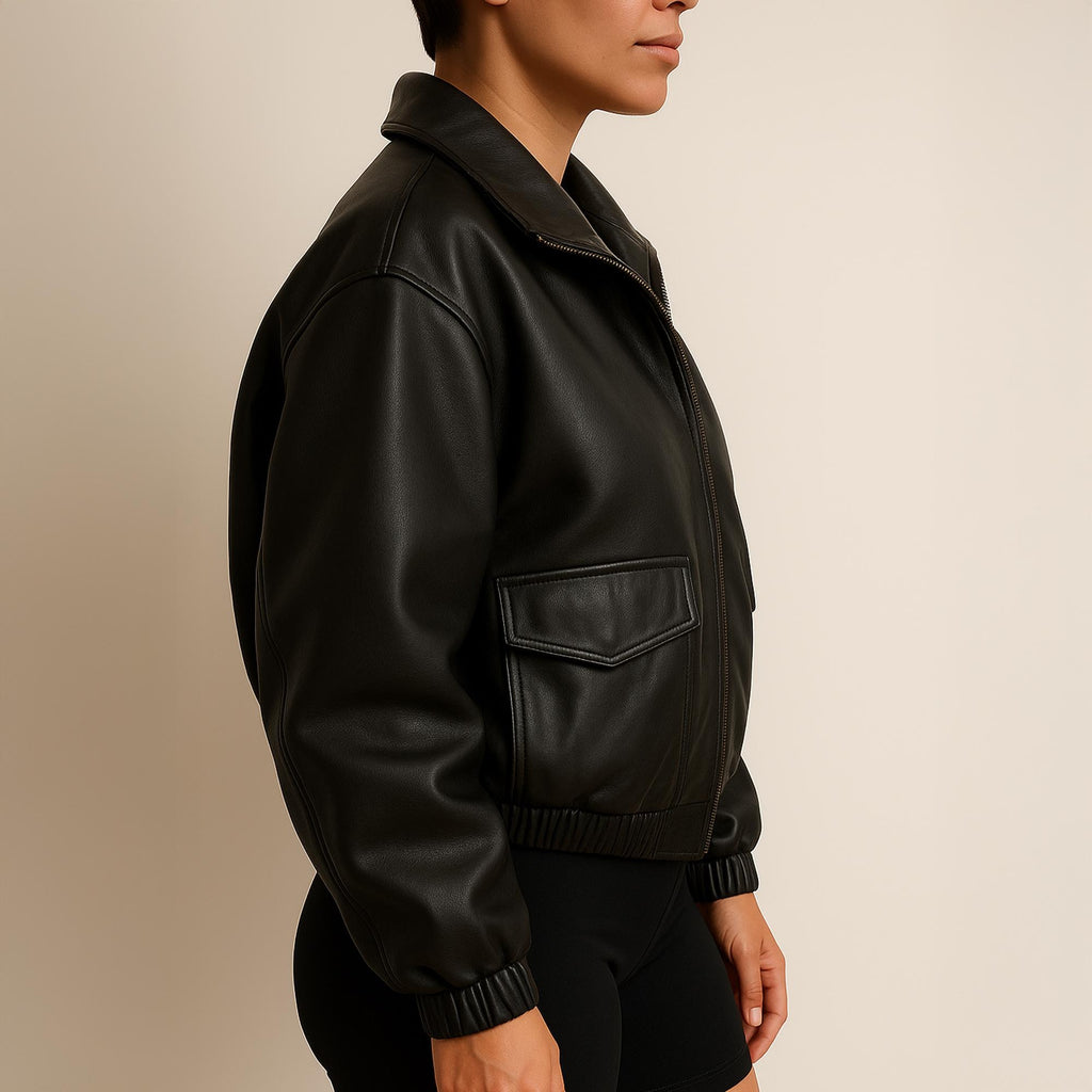 Women's Black Elasticated Cuffs And Hems Oversized Pure Leather Jacket Women