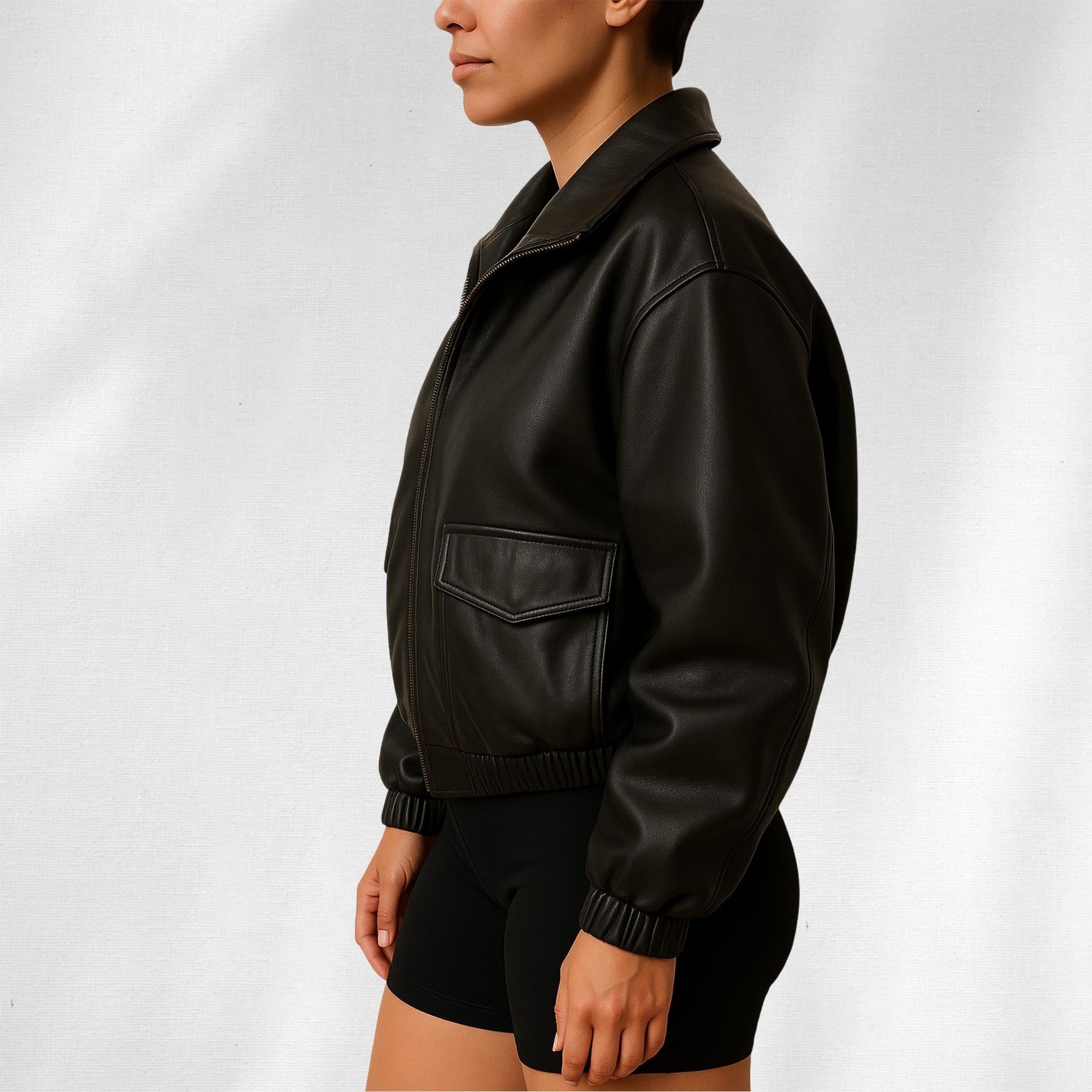 Women's Black Elasticated Cuffs And Hems Oversized Pure Leather Jacket Women