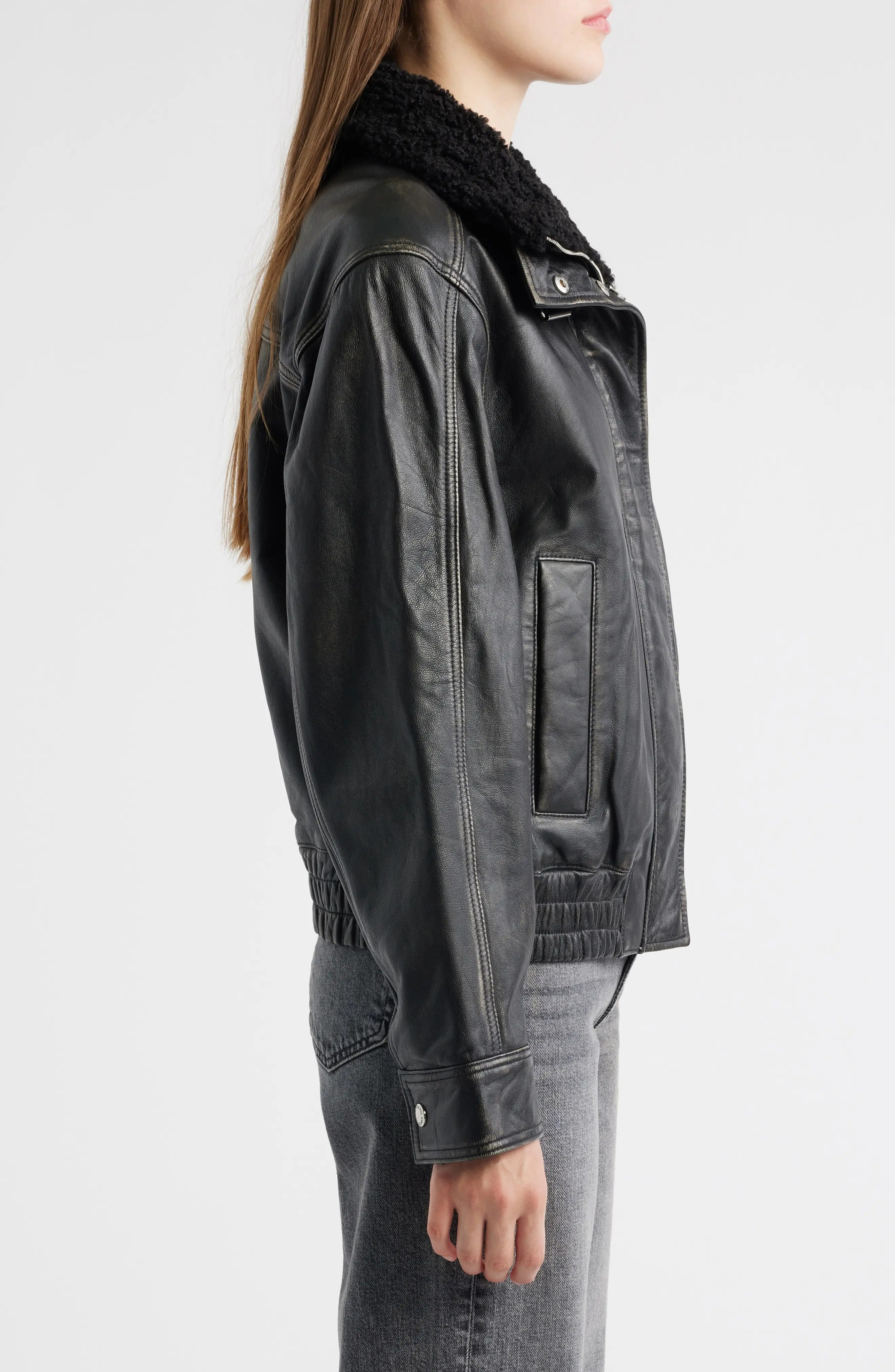 Women's Black Elasticated Hem Lambskin Leather Jacket