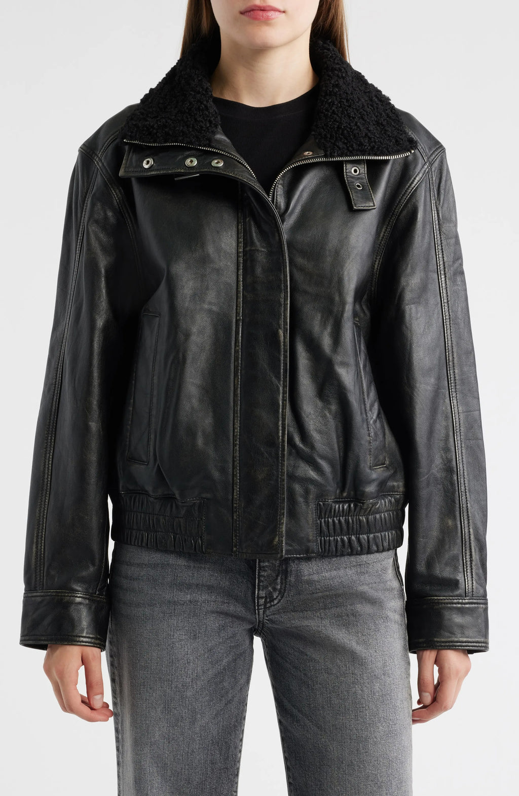 Women's Black Elasticated Hem Lambskin Leather Jacket