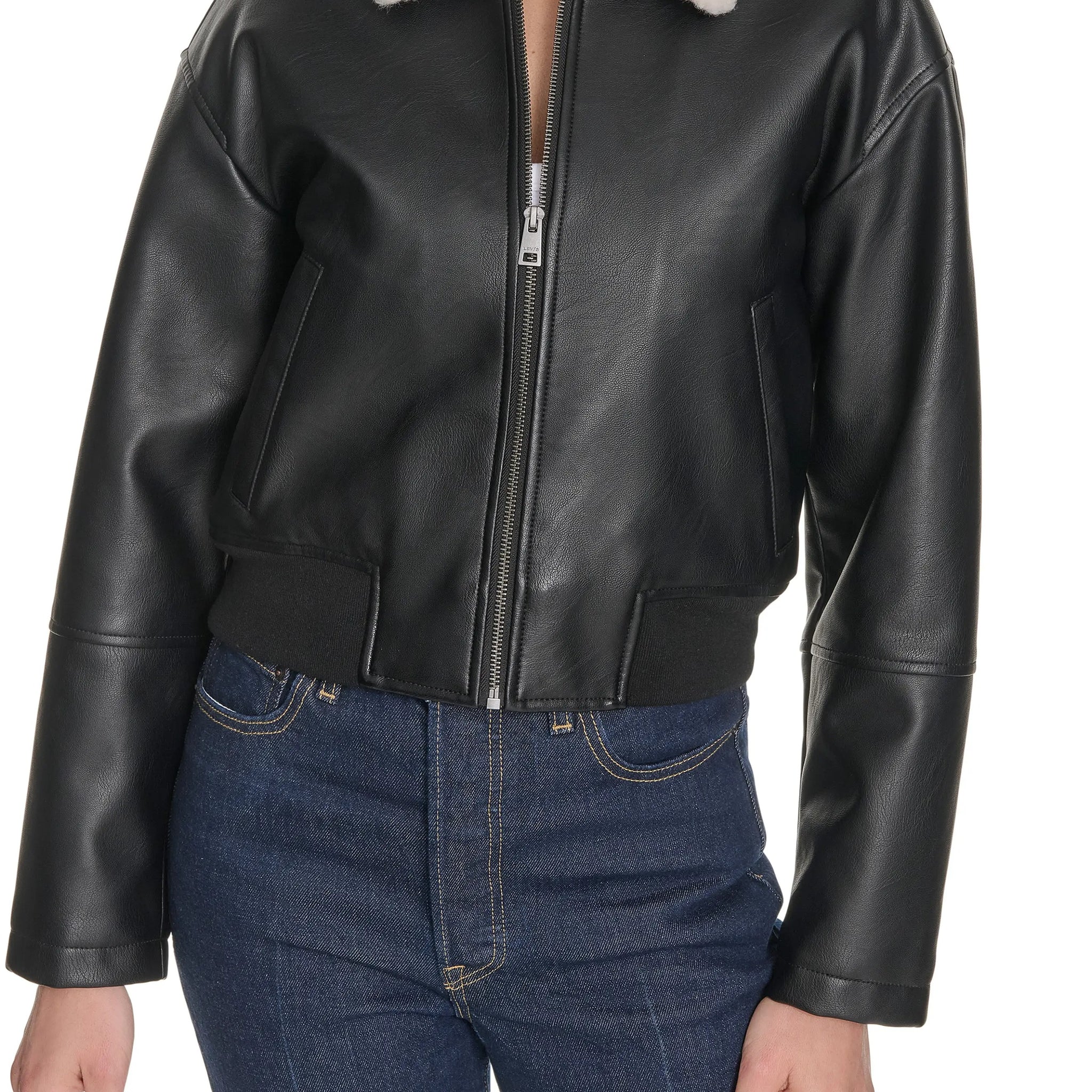 Women's Black Faux Collar Leather Aviator Jacket
