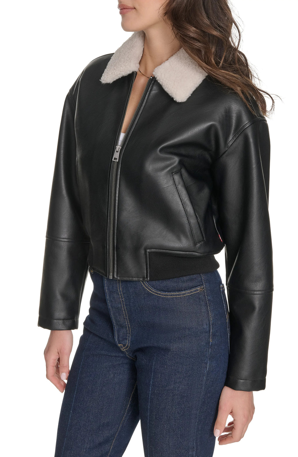 Women's Black Faux Collar Leather Aviator Jacket