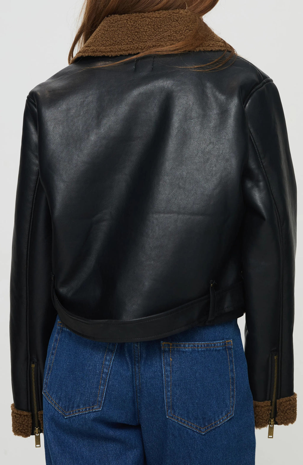 Women's Black Faux Crop Shearling Leather Jacket