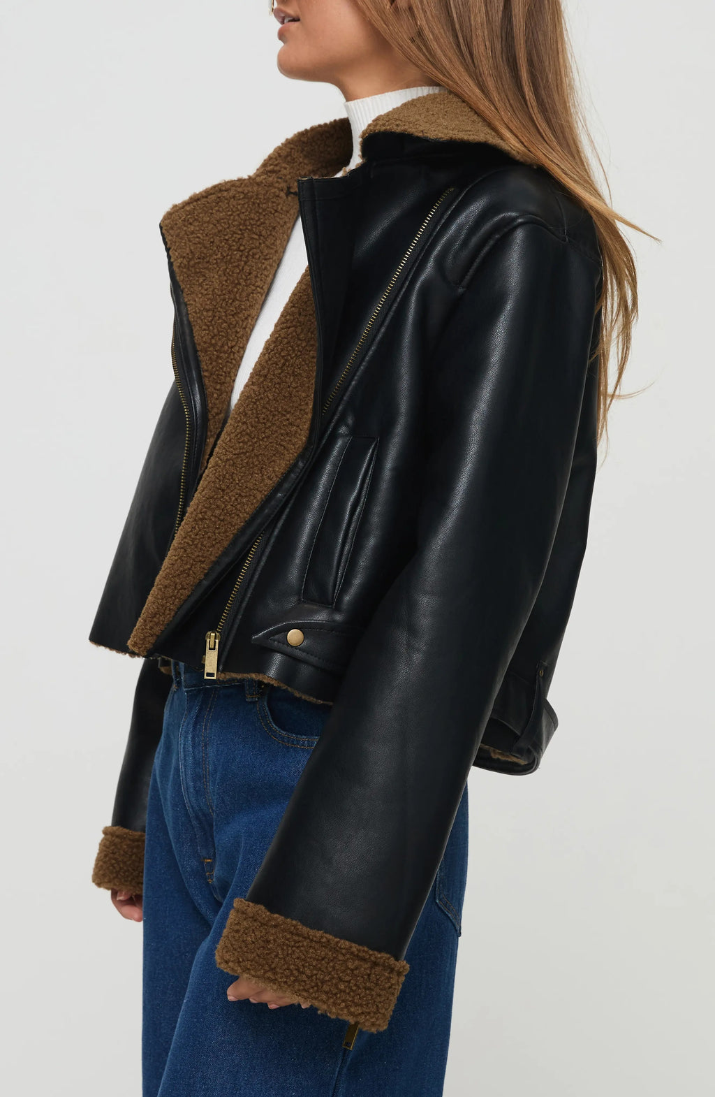Women's Black Faux Crop Shearling Leather Jacket