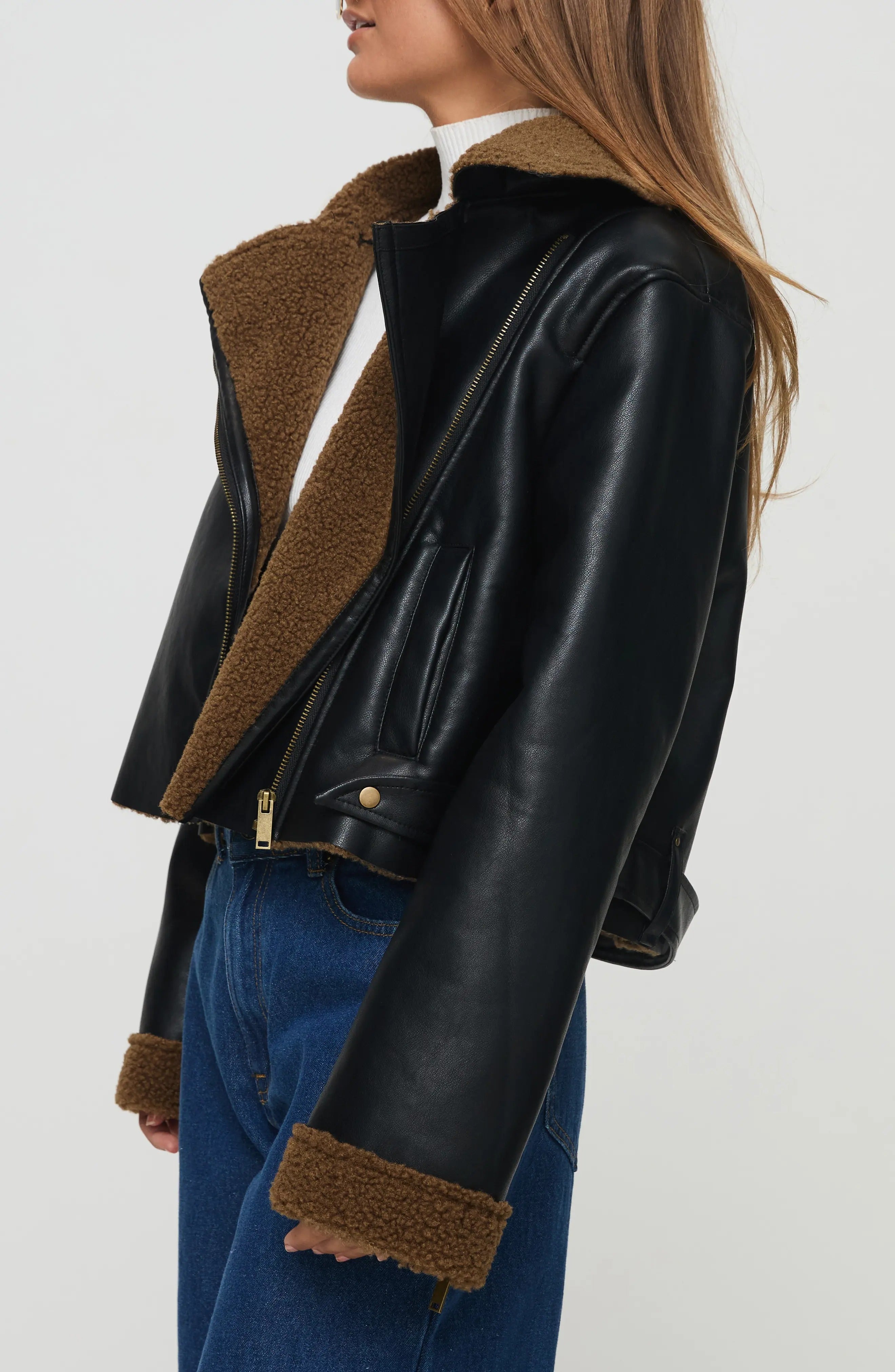 Women's Black Faux Crop Shearling Leather Jacket