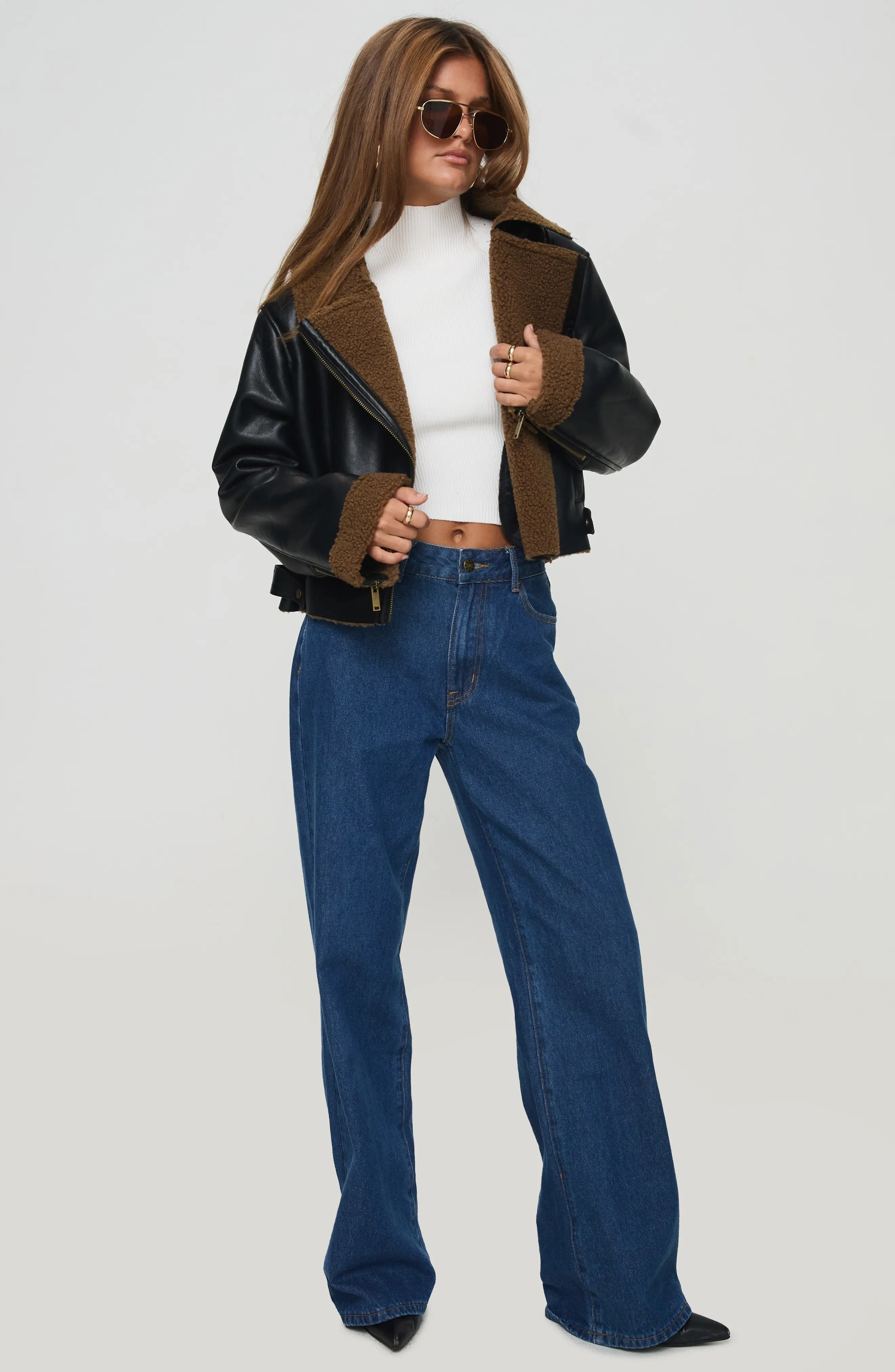 Women's Black Faux Crop Shearling Leather Jacket