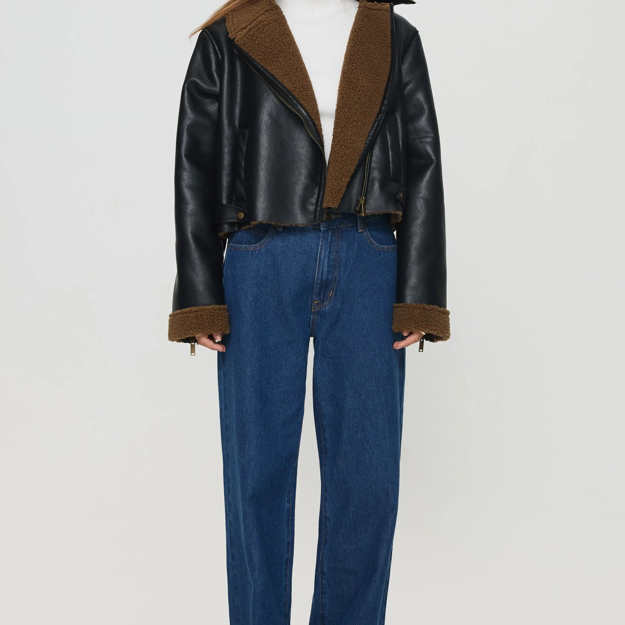 Women's Black Faux Crop Shearling Leather Jacket