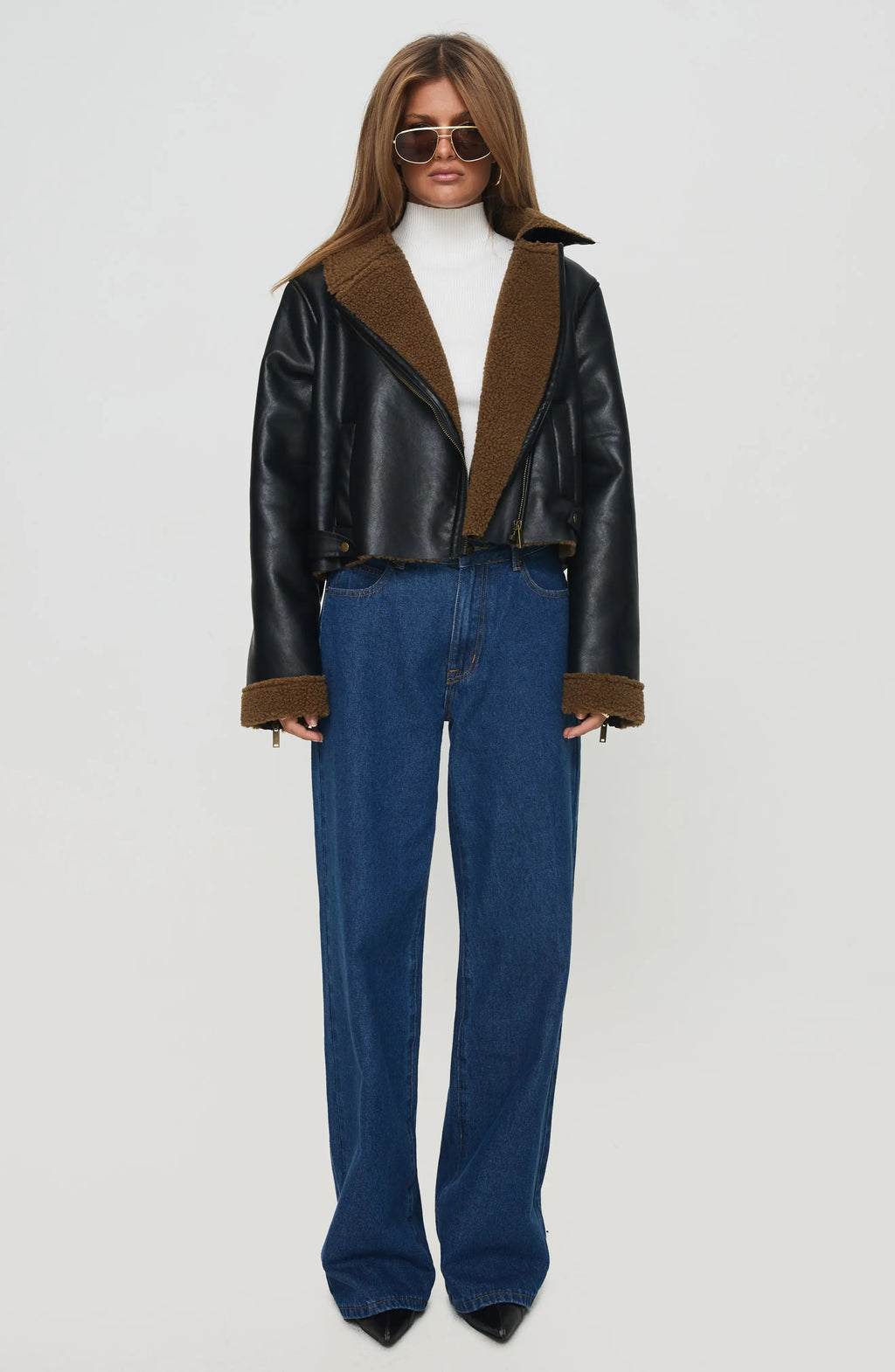 Women's Black Faux Crop Shearling Leather Jacket