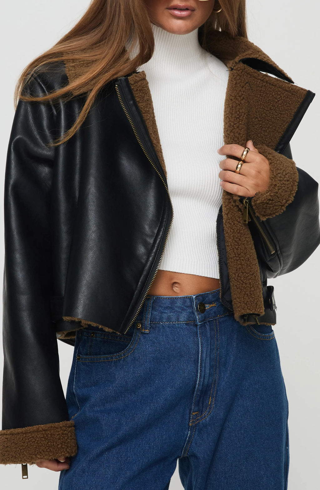 Women's Black Faux Crop Shearling Leather Jacket