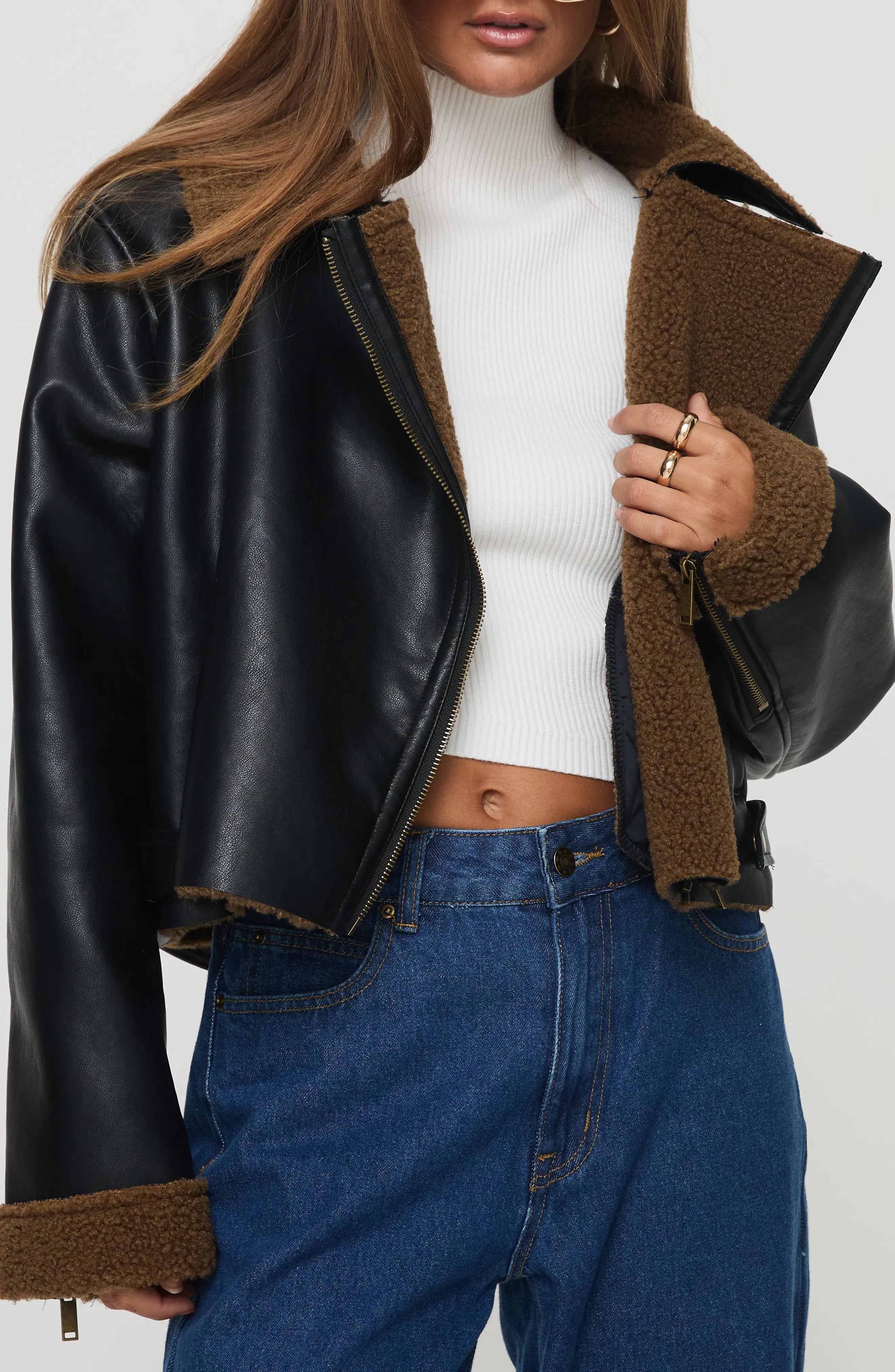 Women's Black Faux Crop Shearling Leather Jacket