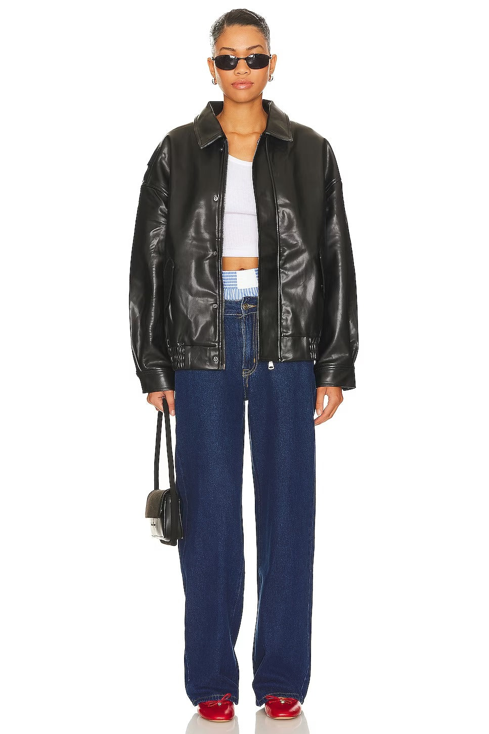 Women's Black Faux Leather Bomber Jacket