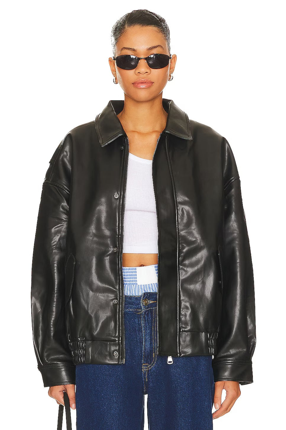 Women's Black Faux Leather Bomber Jacket