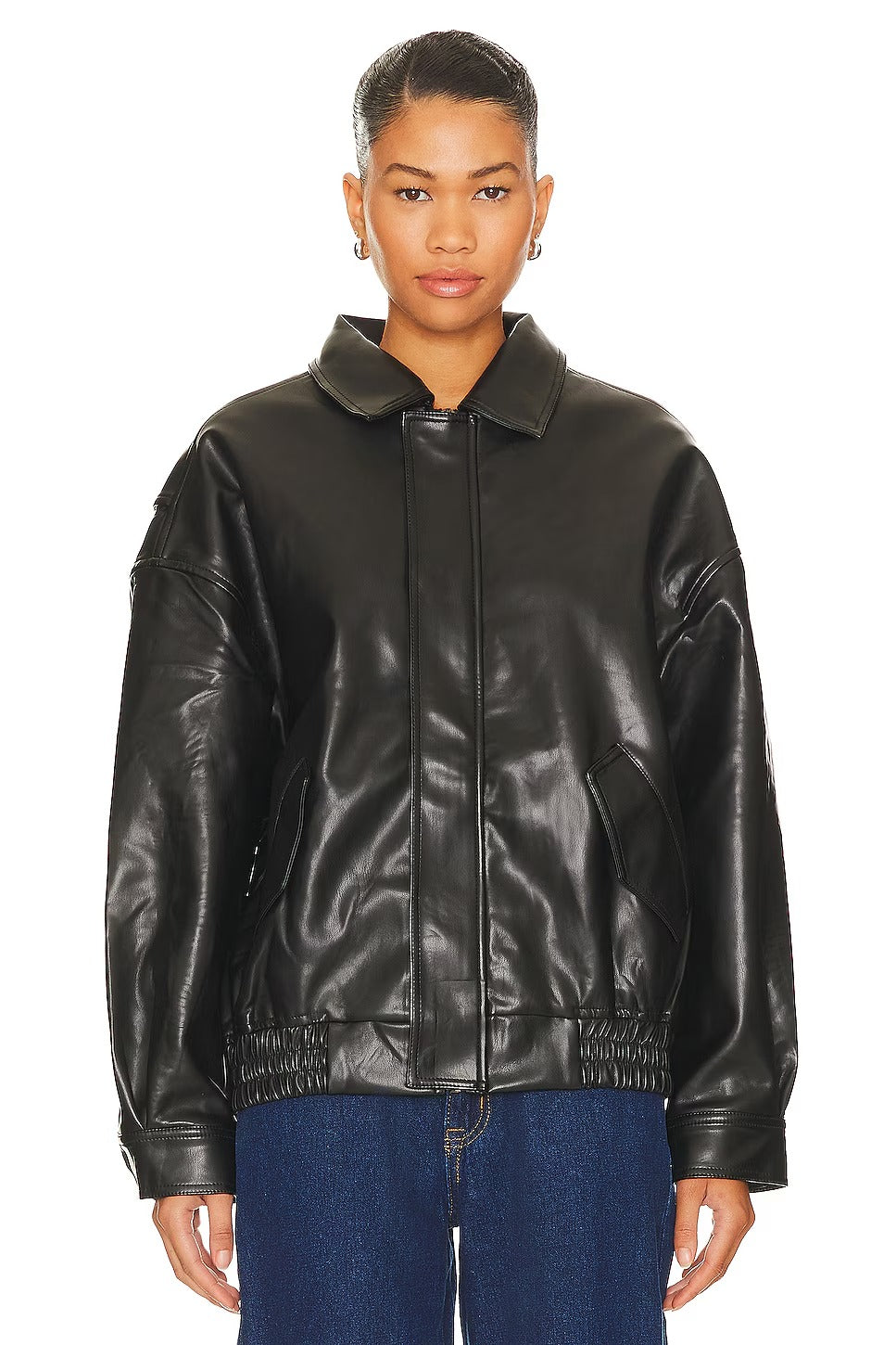 Women's Black Faux Leather Bomber Jacket