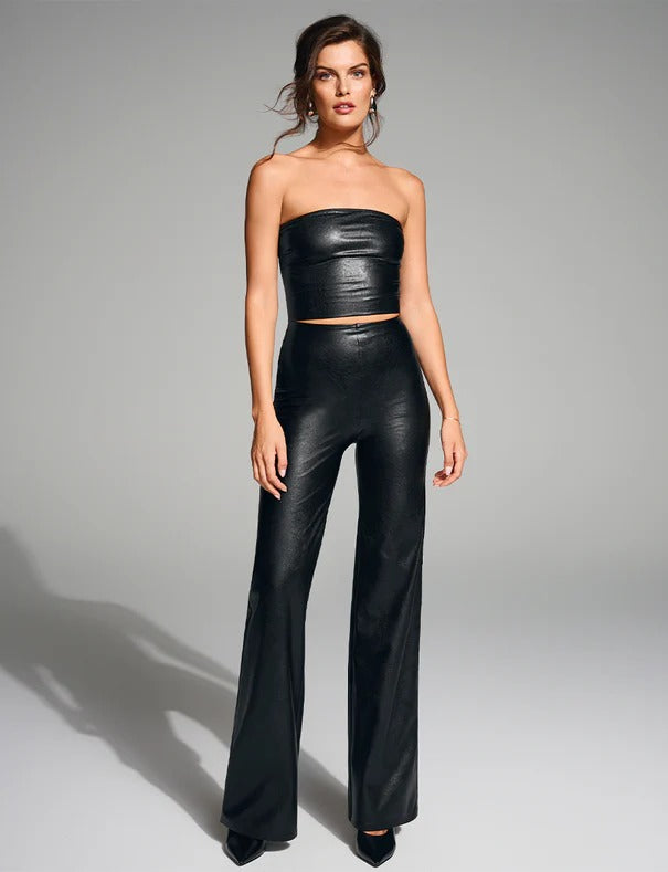 Women's Black Faux Leather Crop Tube Top