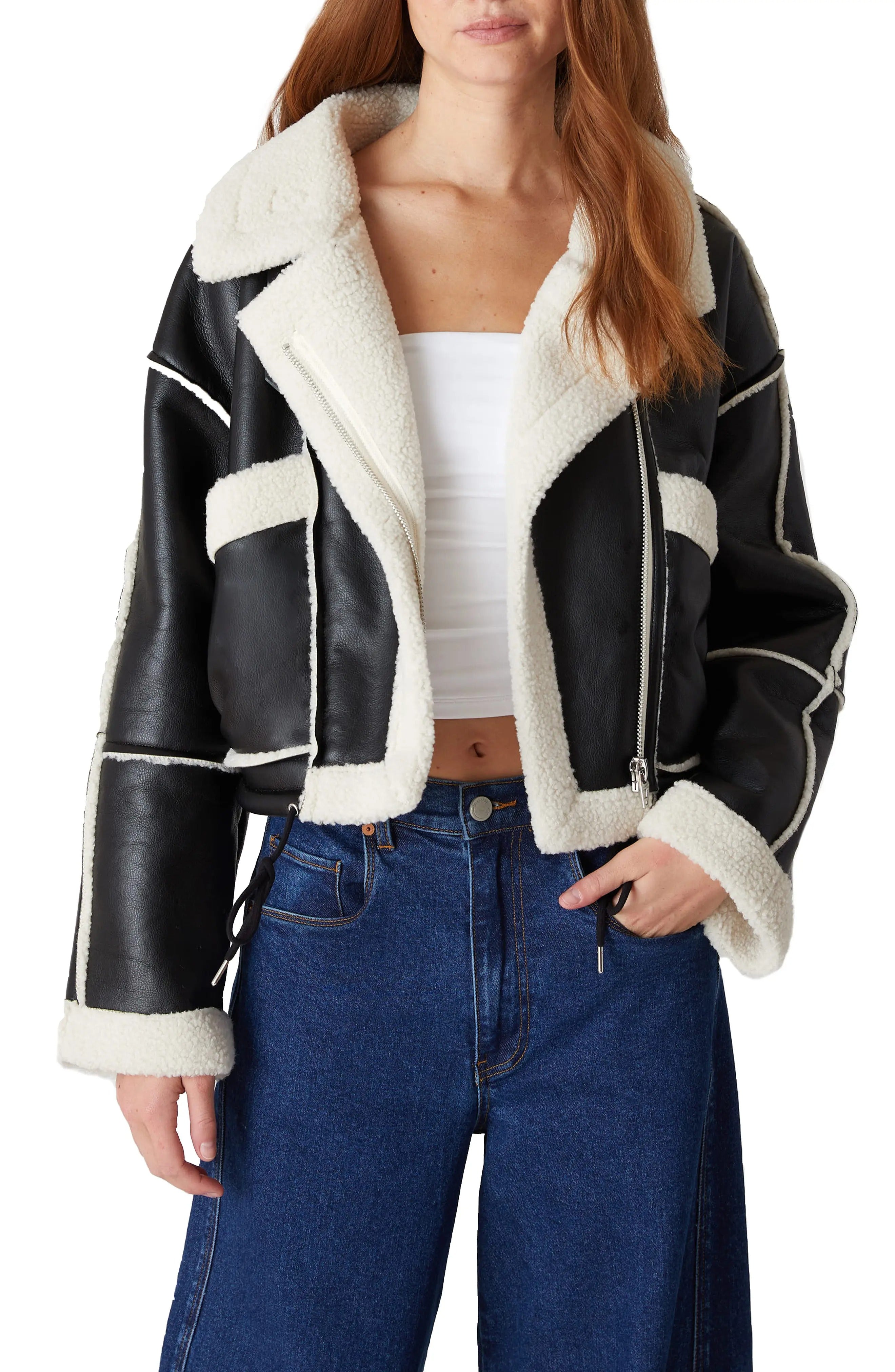 Women’s Black Front Zip Closure Faux Shearling Moto Jacket