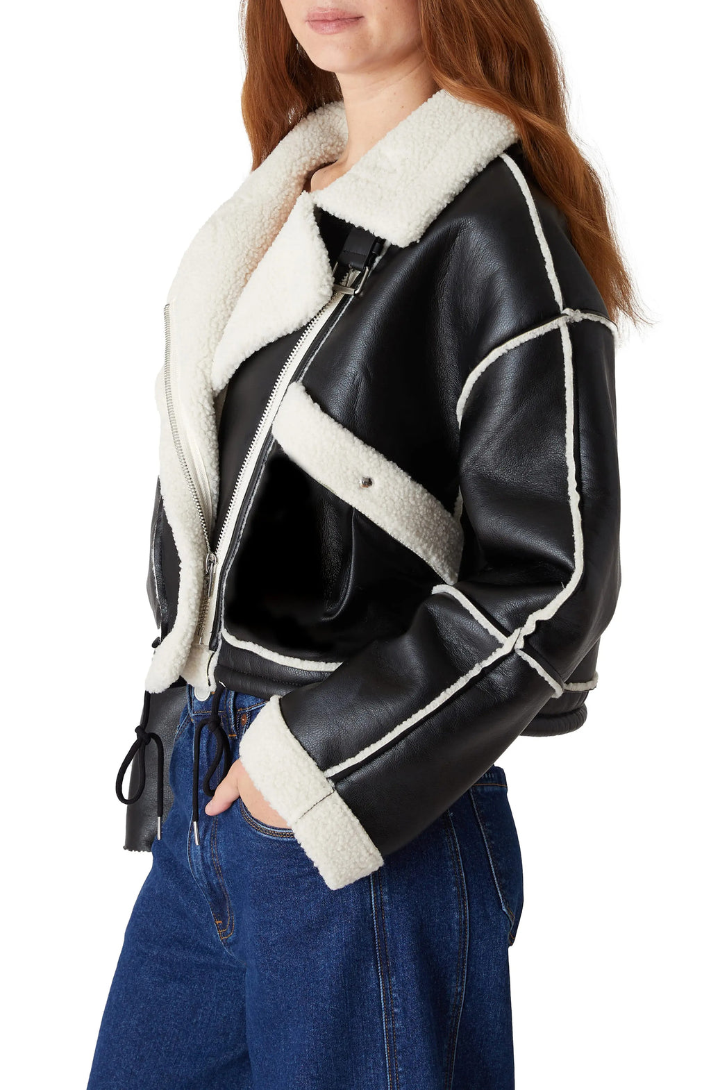 Women’s Black Front Zip Closure Faux Shearling Moto Jacket