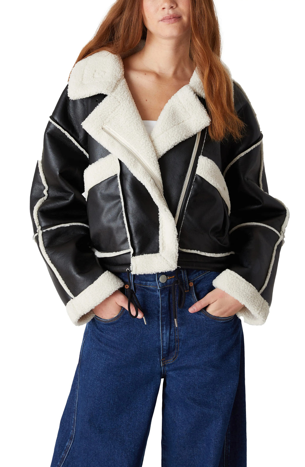 Women’s Black Front Zip Closure Faux Shearling Moto Jacket