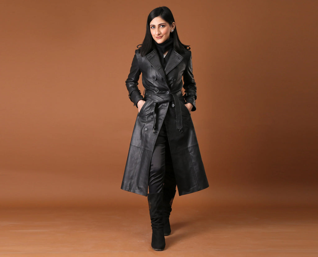 Women's Black Full Length Real Leather Trench Coat