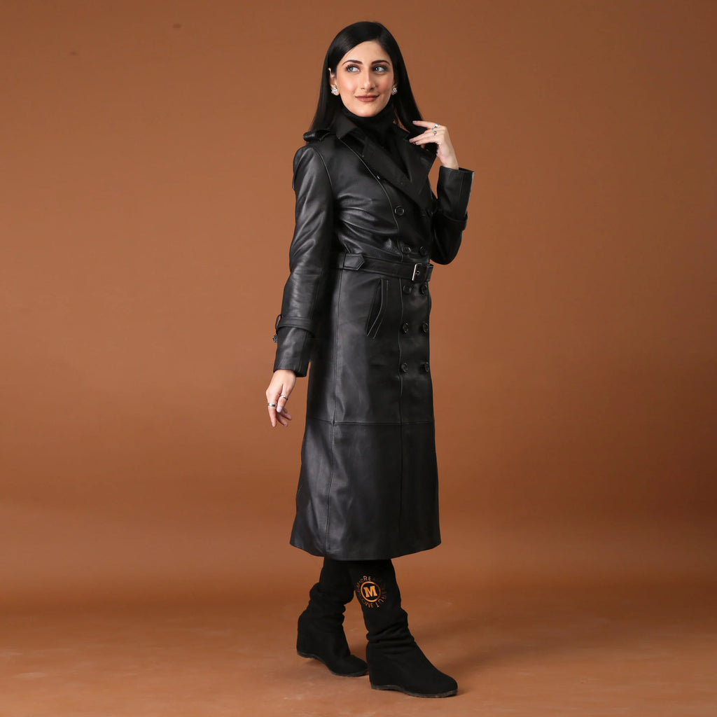 Women's Black Full Length Real Leather Trench Coat