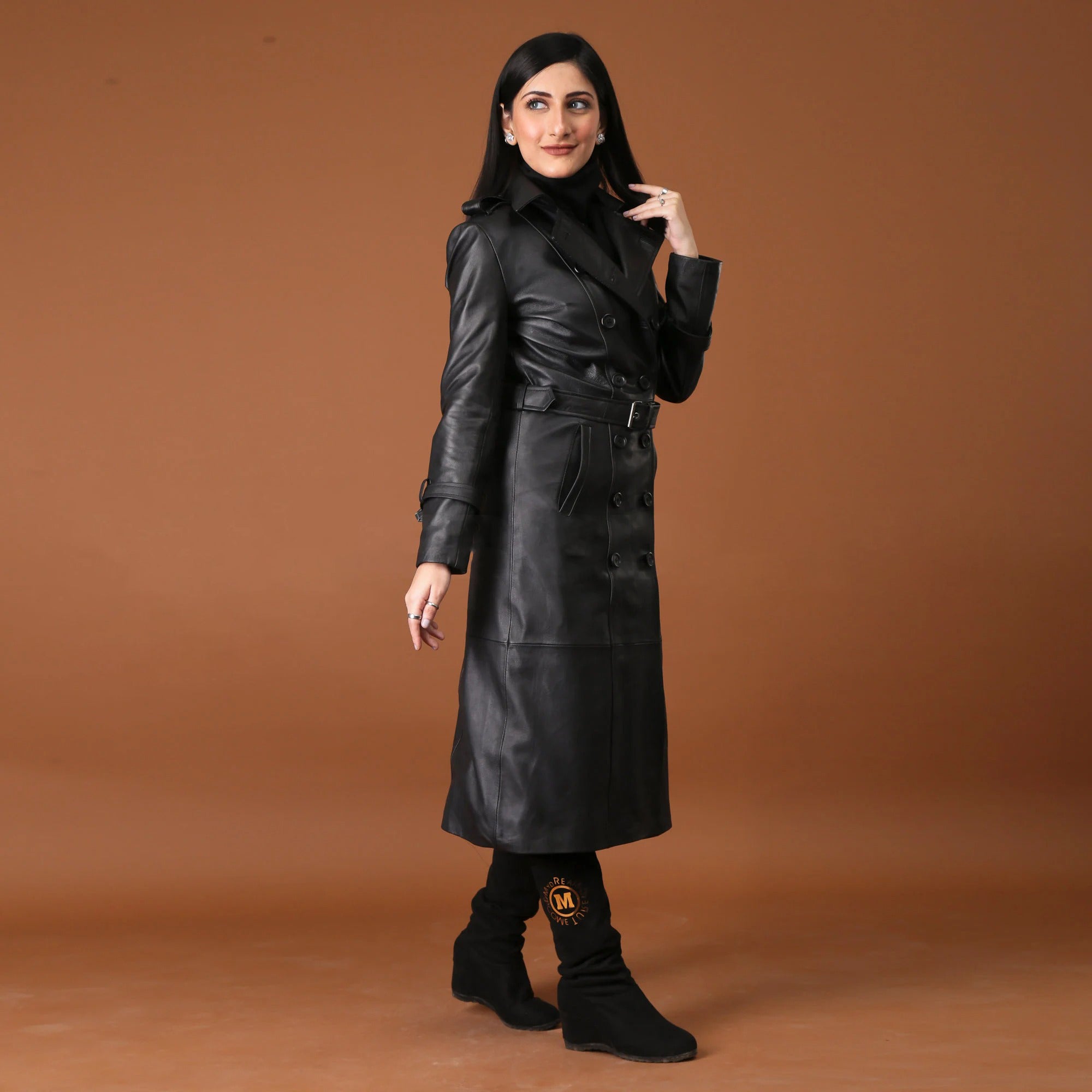 Women's Black Full Length Real Leather Trench Coat