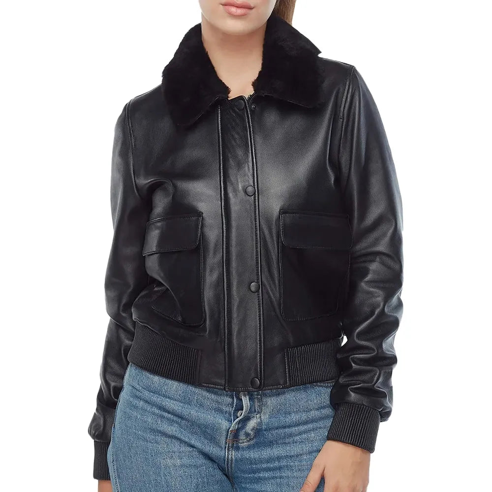 Women's Black Fur Collar Leather Bomber Jacket
