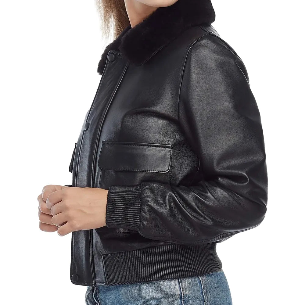 Women's Black Fur Collar Leather Bomber Jacket