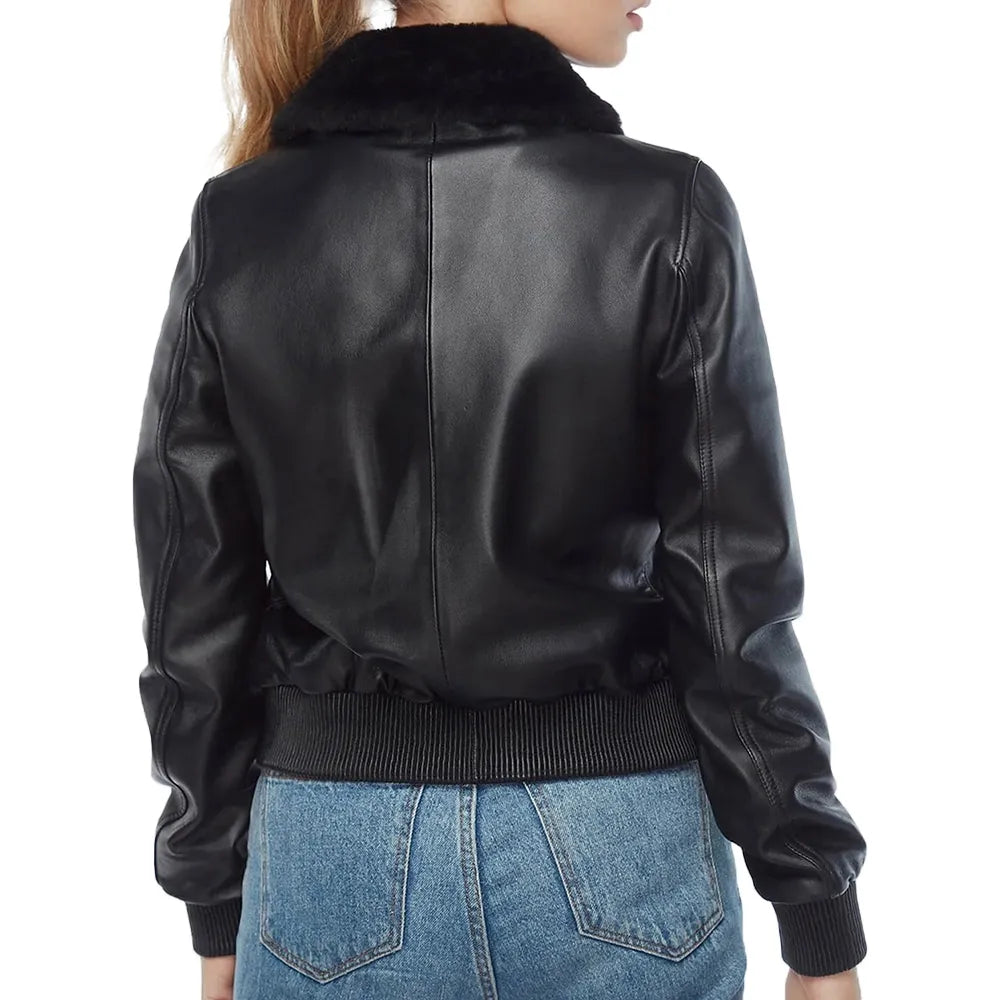 Women's Black Fur Collar Leather Bomber Jacket